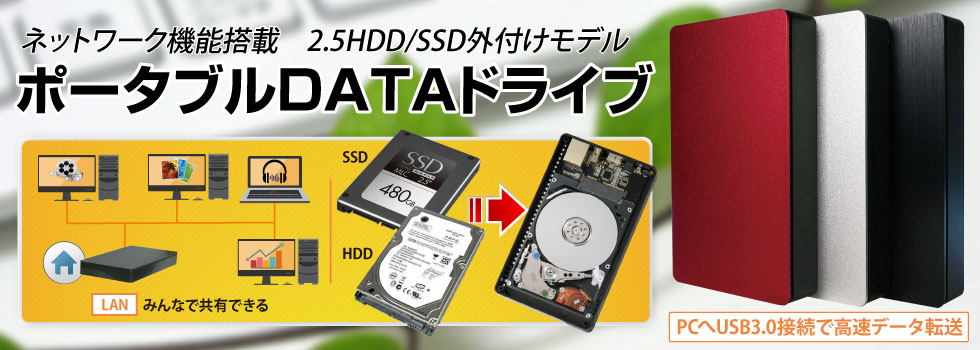 ネットワーク機能搭載2.5HDD/SSD外付けモデル ポータブルDATAドライブ IPT-HDN25U3シリーズ アイティプロテック